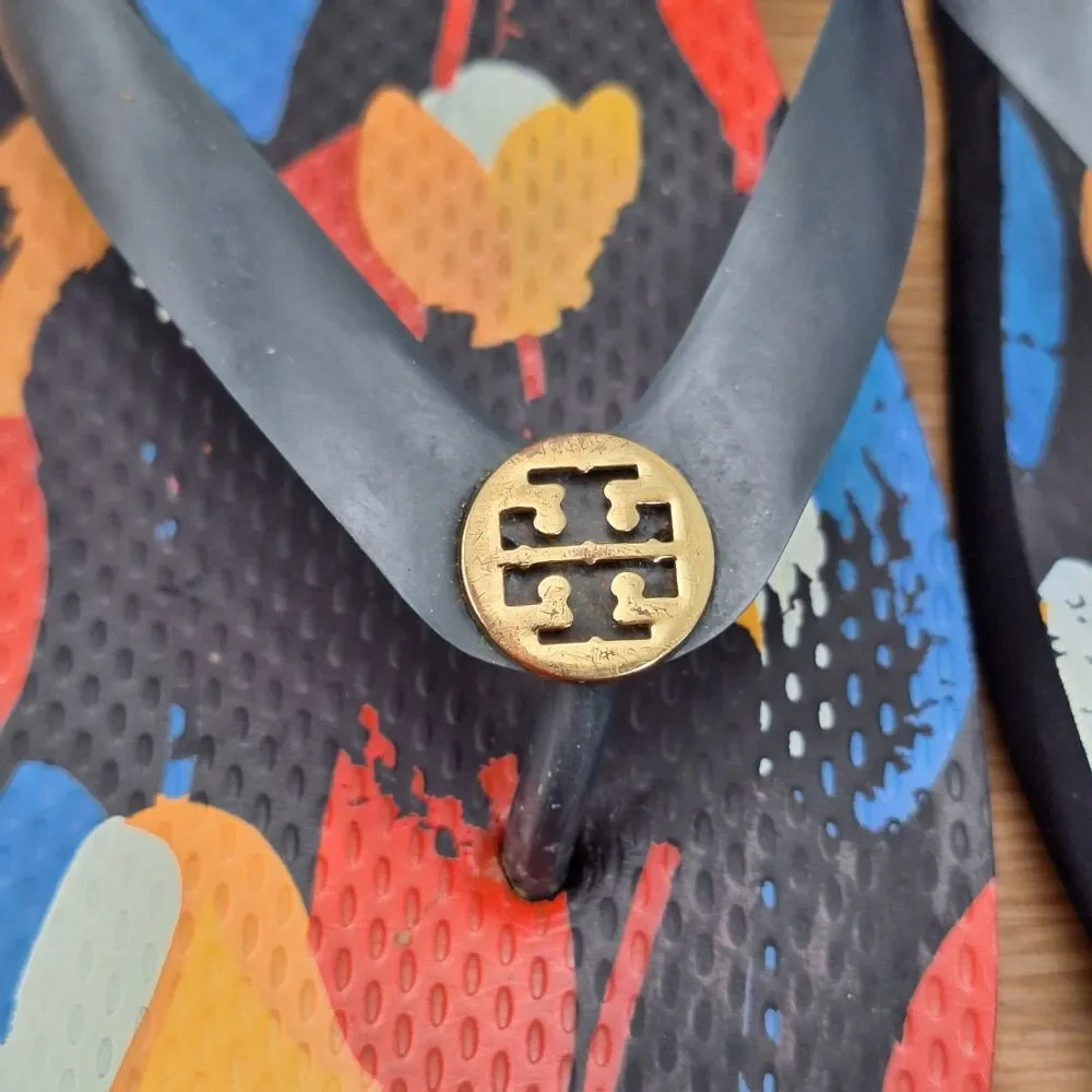 Tory Burch Women's 11 Thin Flip Flops Navy Blue Floral Print Logo Thongs Sandals
